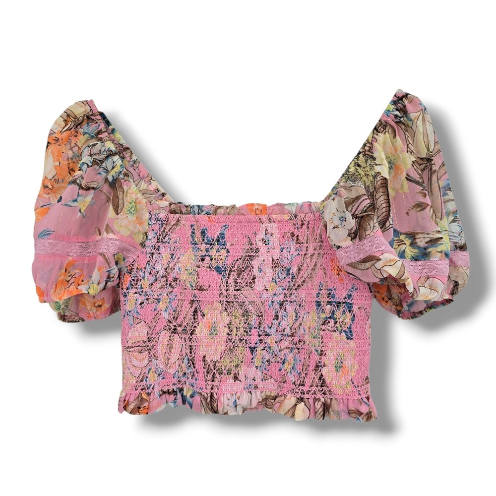 Reset Pink Floral Smocked Puff Sleeve Crop Top Metallic Gold Stripe JSET303 S